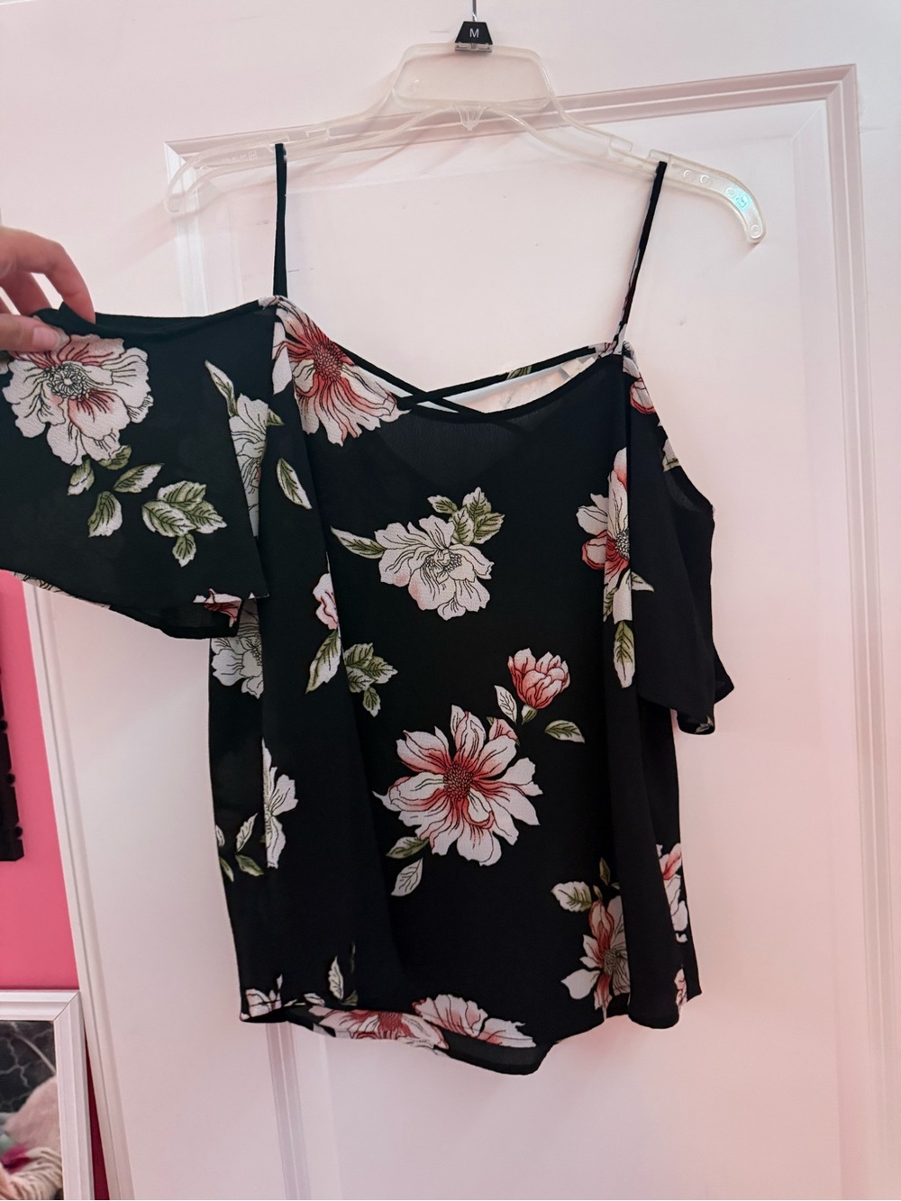 Black Floral Cold-Shoulder Cami Top with Strappy Neckline